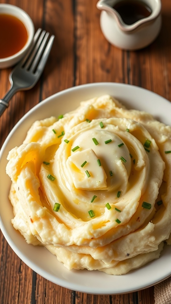 Creamy mashed potatoes with butter and chives in a bowl, served with gravy on a rustic table.